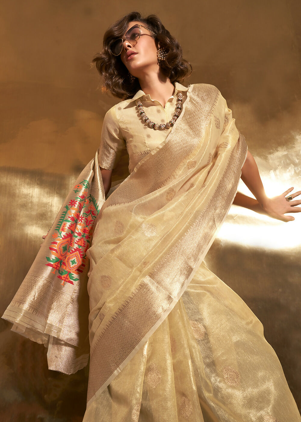 Golden Handwoven Tissue Fabric Festive & Party Style Saree - Emponline | Swadesiicart