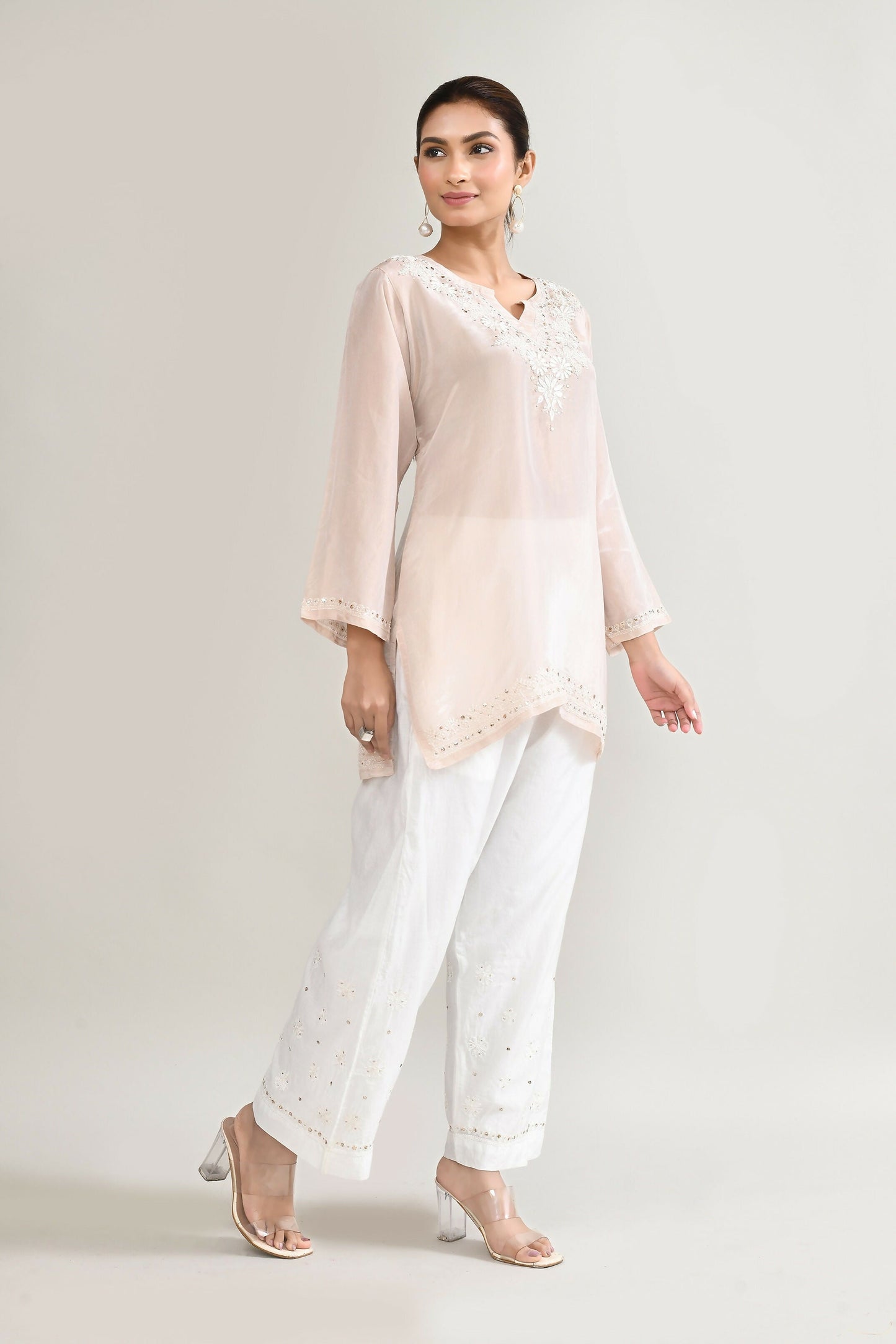 Joban Fashion Womens Cotton ChikanKari Off White Cord set - Swadesiicart