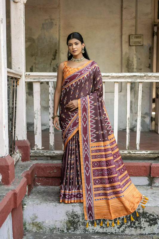 Vishnu Weaves Women's Coffee Cotton Silk Printed Saree with Blouse - Swadesiicart