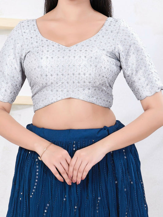 Joban Fashion Silver Tissue Elbow Sleeveless Back Open Blouse - Swadesiicart