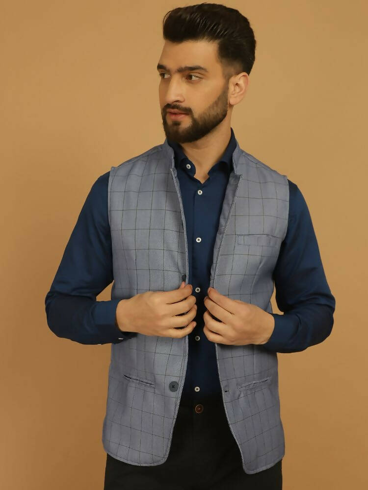 Even Apparels Nehru Jacket With Welt Pockets - Blue | Swadesiicart