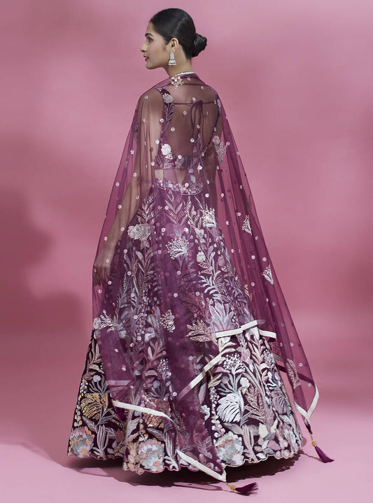 House of Panchhi Burgundy Net Sequinse Work Lehenga & Blouse with Dupatta