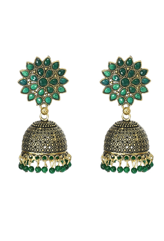 Mominos Fashion Johar Kamal Beautiful Kundan Work Jhumka With Green Beads - Mominos Fashion