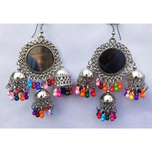 MS Fashion India Sun Design Mirror Silver Oxidized Triple Jhumka With Pearls Hanging Afghani Earrings | Swadesiicart