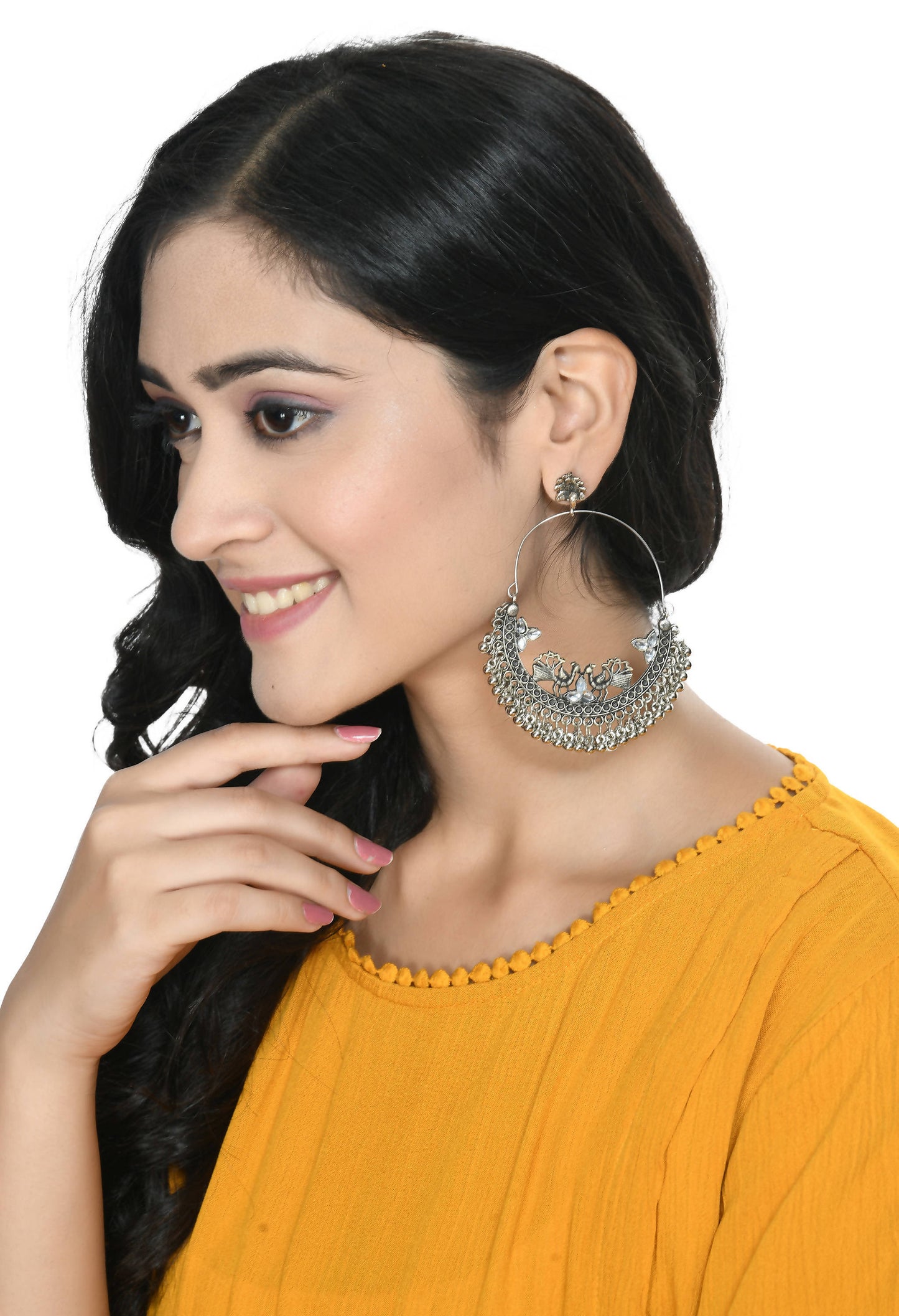 Mominos Fashion Johar Kamal Silver Peacock Design Chandbali Earrings - Swadesiicart