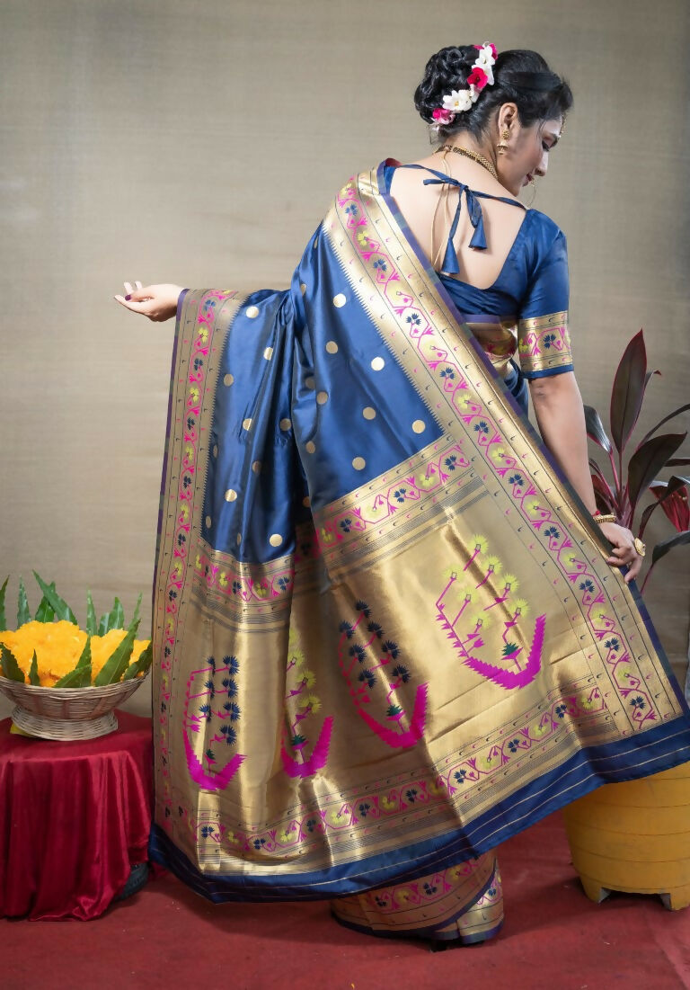 Jyoti Fashion Women's Blue Paithani Silk Zari Woven Saree with Blouse | Swadesiicart