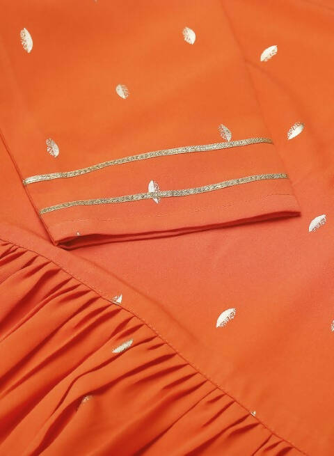 FIORRA Women's Orange Poly Crepe Flared Kurta With Dupatta - Swadesiicart
