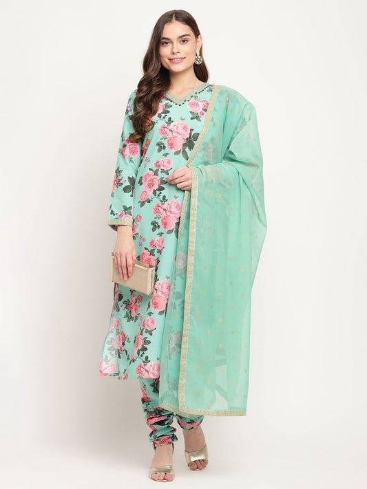 Ahalyaa Women Green Floral Printed Regular Kurta Churidar Set & With Dupatta | Swadesiicart