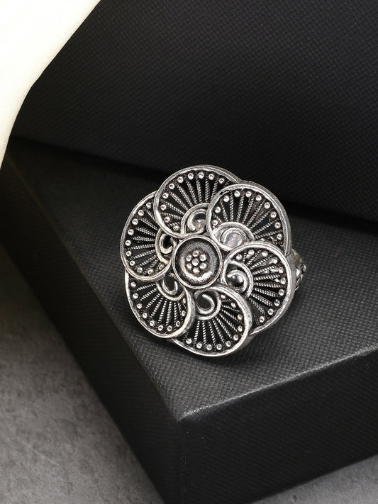 NVR Women's Silver-Toned Floral Shape Adjustable Finger Ring | Swadesiicart