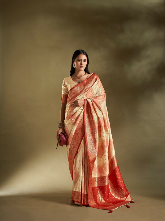 Joban Fashion Cream & Pink Plain With Weaving Border Banarasi Silk Sarees | Swadesiicart