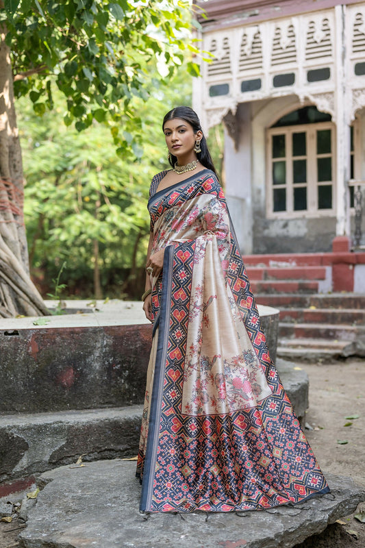 Vishnu Weaves Women's Black Soft Tussar Silk Small Zari Woven Border Saree with Blouse - Swadesiicart