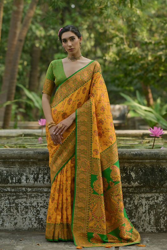 Vishnu Weaves Women's Yellow Pashmina Silk Thread Woven Saree with Blouse - Swadesiicart