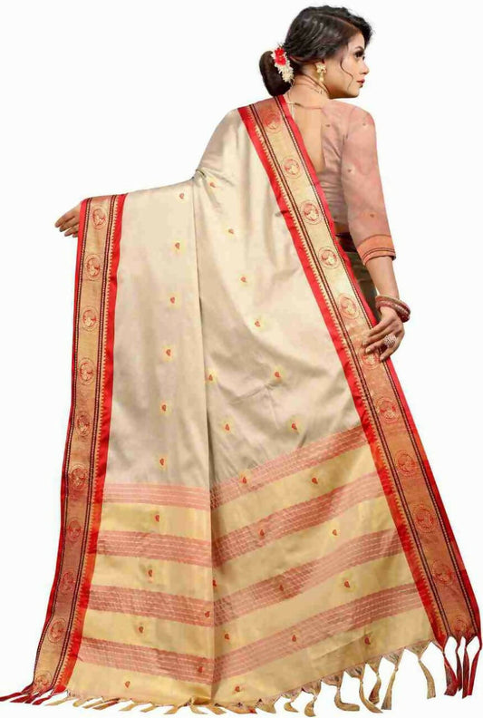 DEIANA'S Beautiful Designer Golden zari Soft Lichi Silk Saree - Cream - Swadesiicart