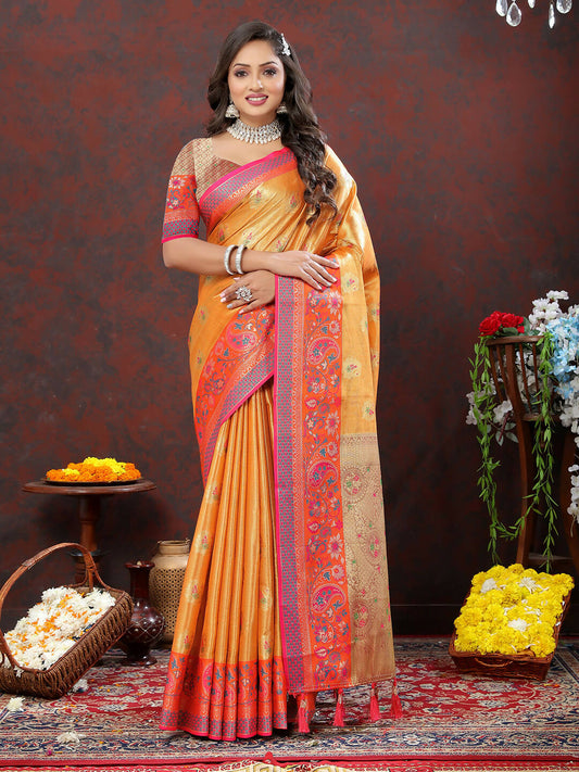 Lorenvalley Fashion Orange Kanjivaram Silk Woven Design with Zari Weaving Saree - Swadesiicart