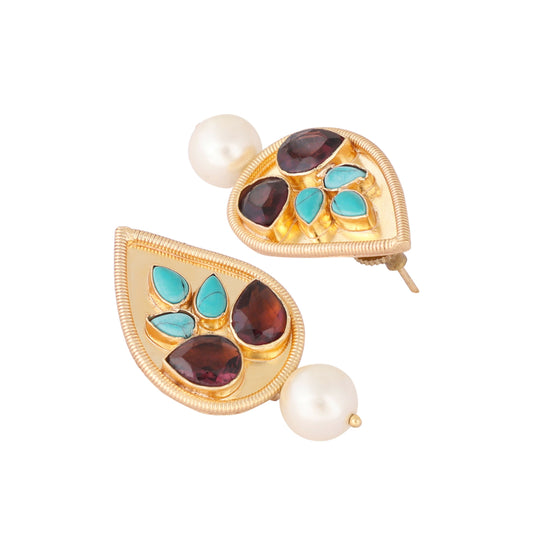 Nuyug 22K Gold Plated Faux Turquoise Stone Studded Contemporary Petal Shaped Pearl Drop Stud Earrings | Swadesiicart