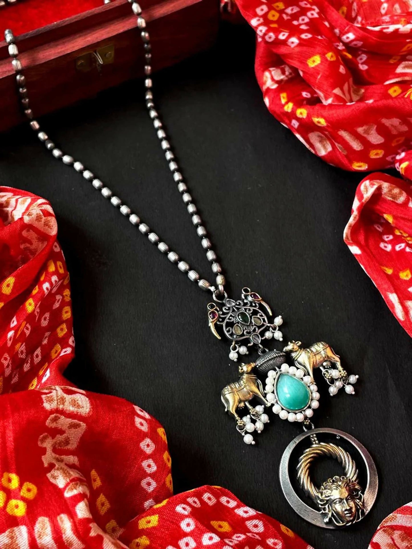 Joban Fashion Sky Blue Brass Monalisa Stone Dual Tone Beaded Pendant Chain Necklace | Swadesiicart