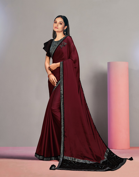 Maroon Dual Tone Silk Georgettesequins Embroidery & Handwork Butta Saree - Norita Hit - Swadesiicart