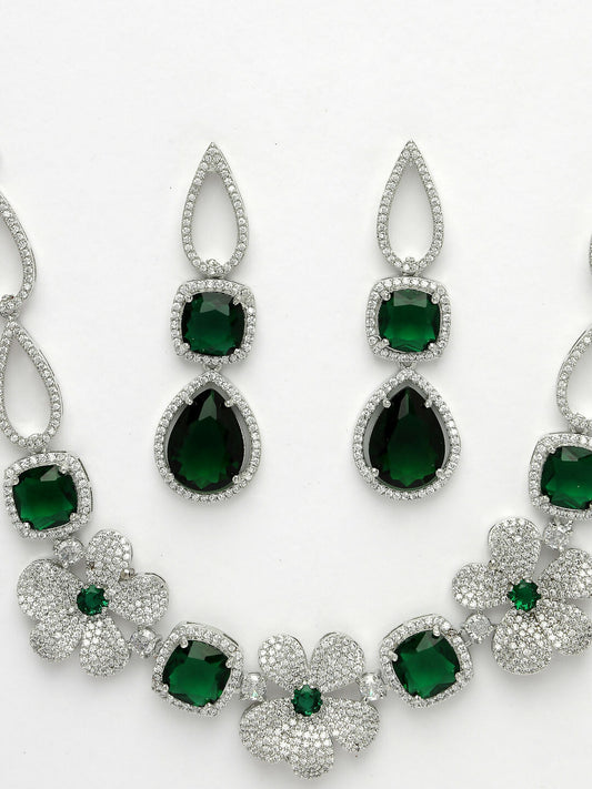 NVR Women's Green & Silver-Plated American Diamond Handcrafted Jewellery Set - Swadesiicart