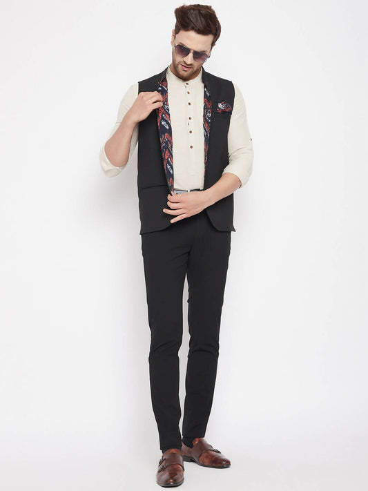 Even Apparels Black Merino Men's Nehru Jacket-Contrast Lining-Inbuilt Pocket Square | Swadesiicart