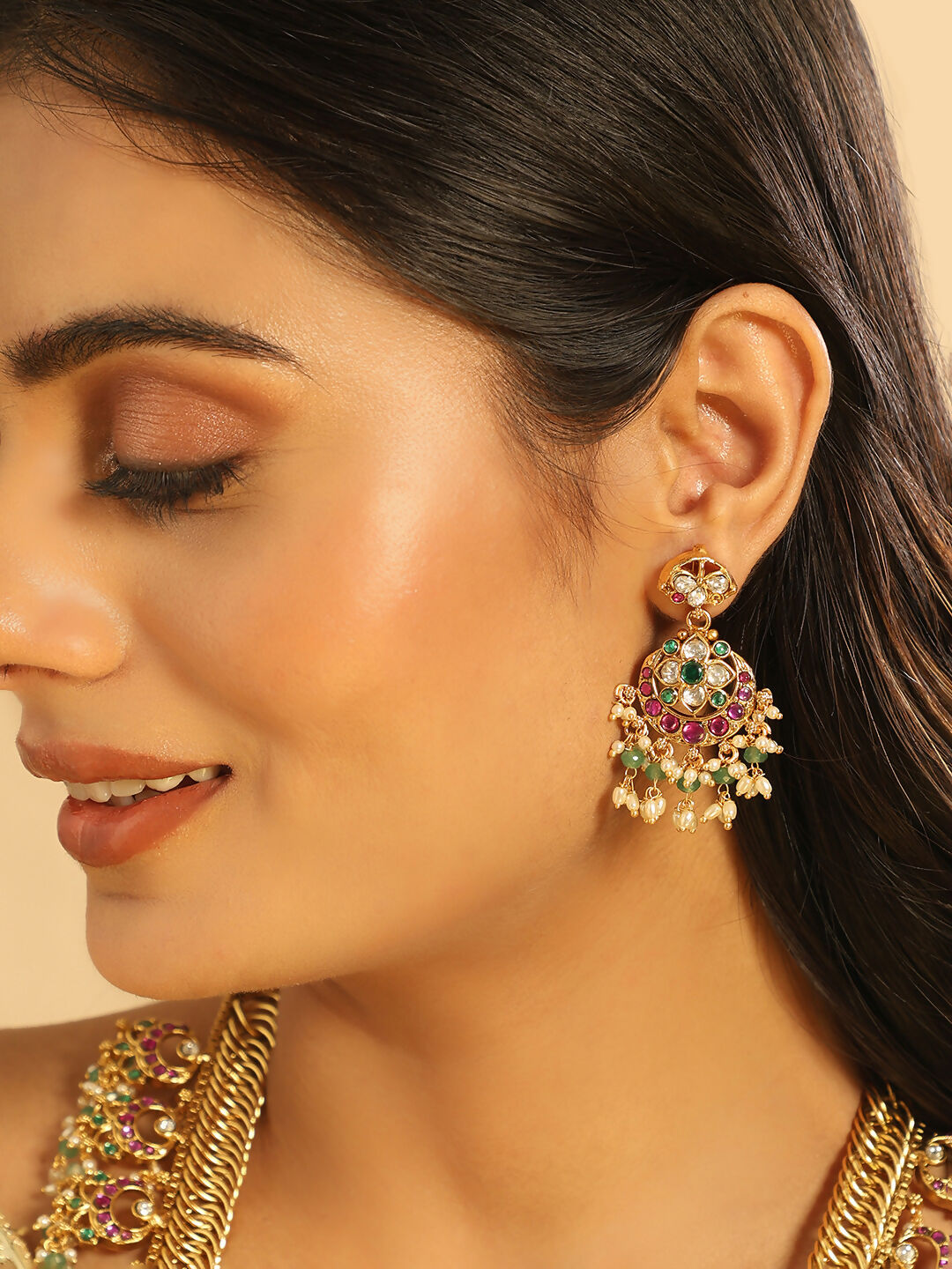 Nuyug 18K Gold Plated Estele Gold Tone Beaded Long Necklace Set | Swadesiicart