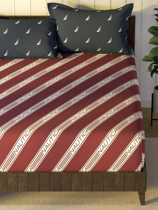 Nautica Noridge Red & White Printed Cotton 160 TC King Bedsheet with 2 Pillow Covers - Swadesiicart