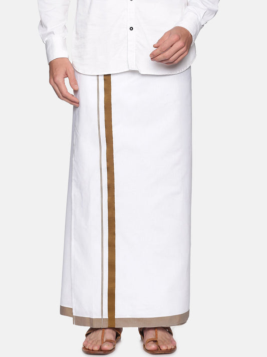 Sethukrishna Men White & Brown Solid Cotton Dhoti | Swadesiicart