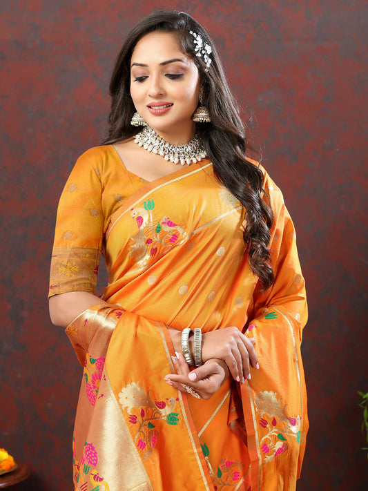 Lorenvalley Fashion Orange Soft Paithani Silk Woven Design Gold Zari Meenakari Weaving Saree - Swadesiicart