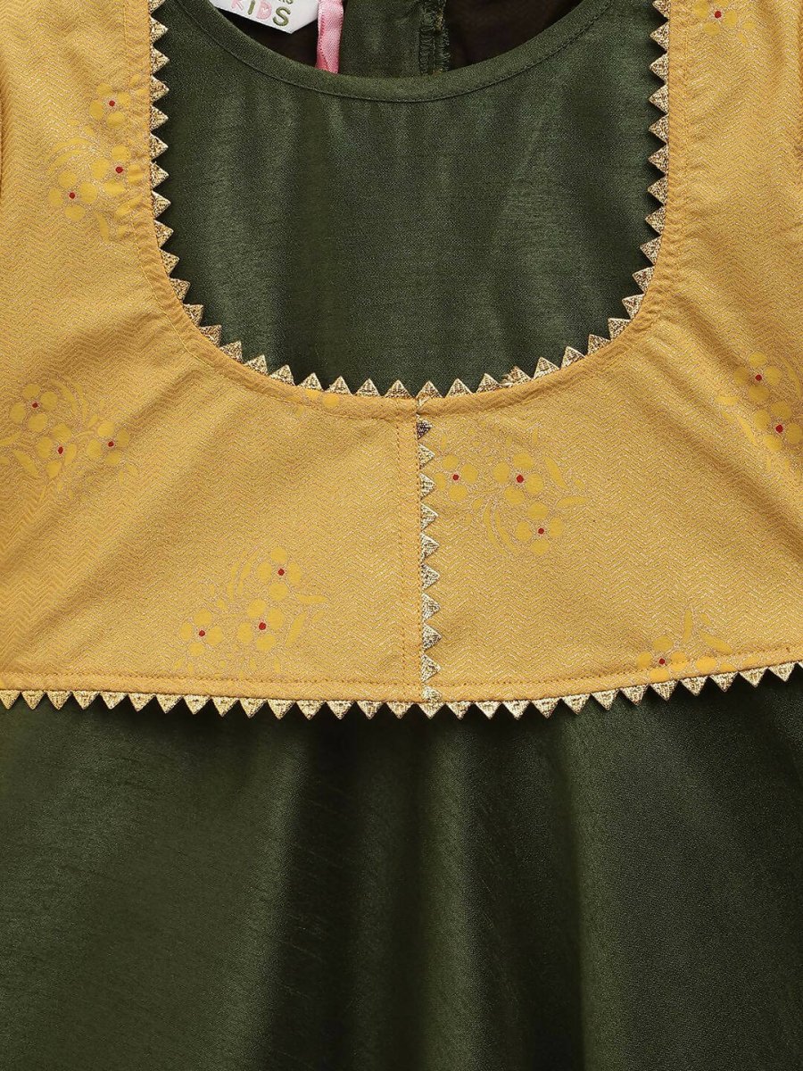 Ahalyaa Green Poly Silk Solid Kids Kurta With Printed Jacket For Girls | Swadesiicart