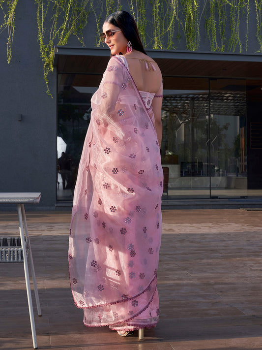 Tikhi Imli Floral Mirror Work Organza Saree | Swadesiicart