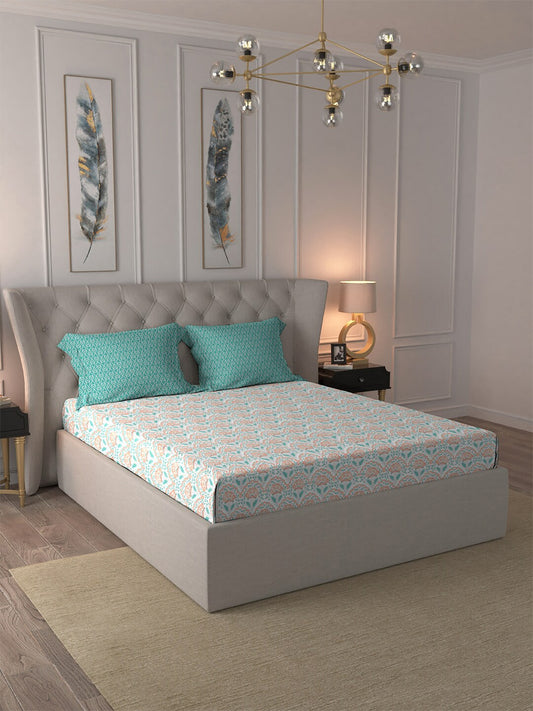 MYTRIDENT Orange Blue Ethnic Motifs Pure Cotton 120 TC Queen Bedsheet With 2 Pillow Covers - Swadesiicart
