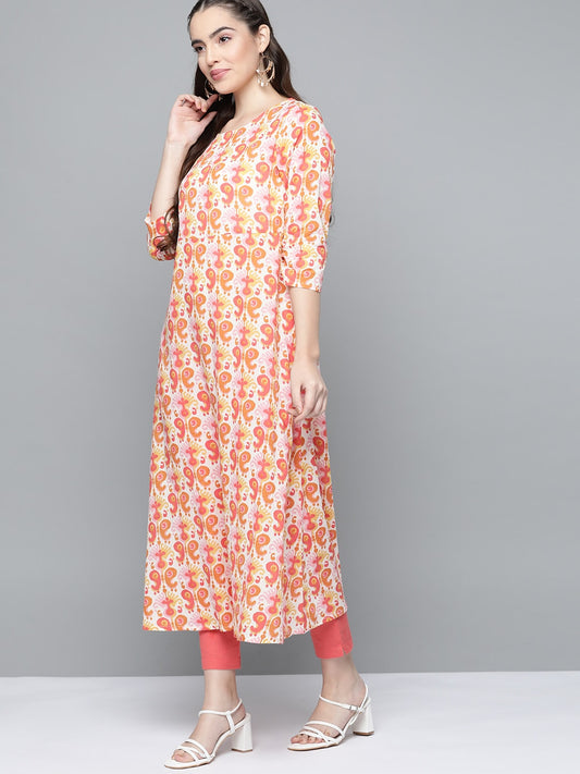 HERE&NOW Women Orange & White Ethnic Motifs Printed Kurta - Swadesiicart