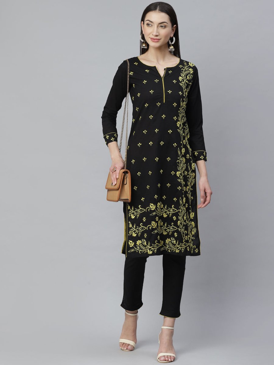 ADA Women Black & Yellow Chikankari Hand Embroidered Sustainable Handloom Kurta with Trousers | Swadesiicart