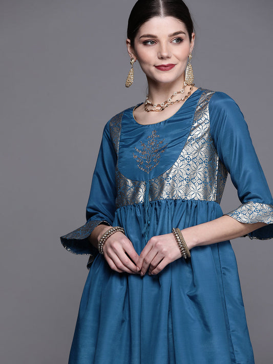 Biba Women Teal Blue & Golden Ethnic Motifs Yoke Design A-Line Kurta - Swadesiicart