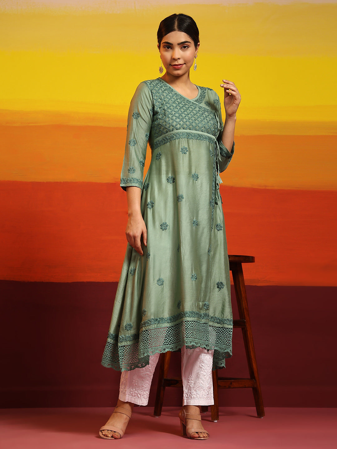 HOUSE OF KARI Embroidered Chikankari Chanderi Silk Anarkali Kurta | Swadesiicart