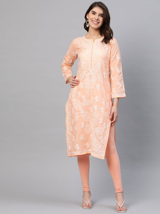 ADA Women Peach-Coloured & White Chikankari Embroidered Straight Sustainable Kurta | Swadesiicart