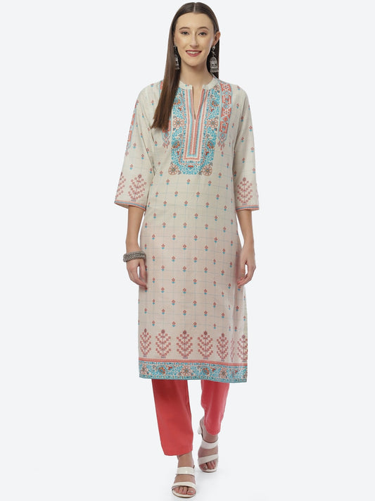 Biba Women Beige Ethnic Printed Regular Kurta - Swadesiicart