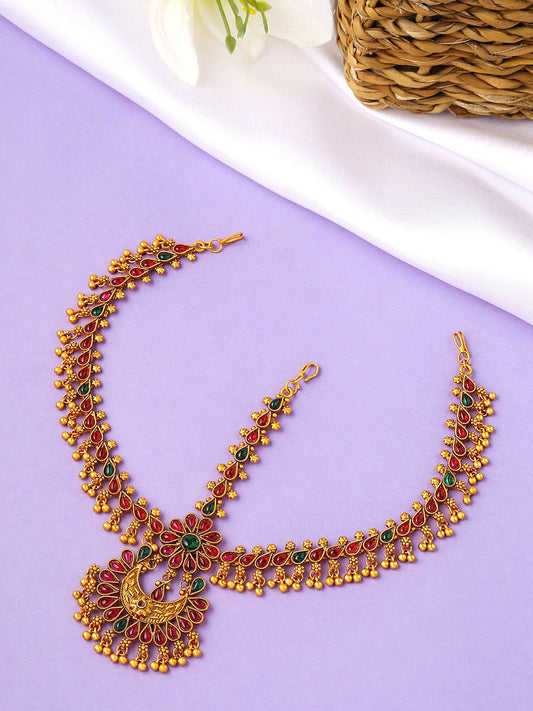 Yellow Chimes Gold-Toned Green Kundan Layered Temple Bridal Traditional Matha Patti | Swadesiicart