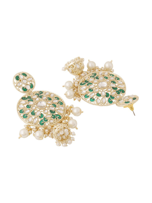 Shoshaa Green & Gold-Polished Kundan Studded Contemporary Jhumkas Earrings | Swadesiicart
