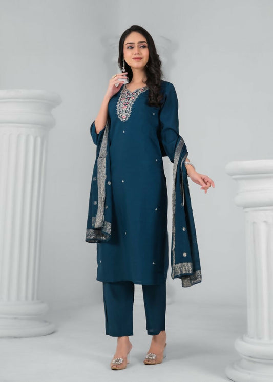Ethnic Festive Wear Chanderi Rama Stitched Suit With Dupatta - Tanisha | Swadesiicart
