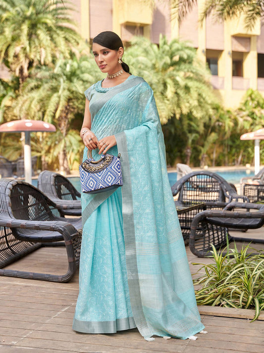 Mitera Blue & Silver-Toned Floral Embroidered Zari Pure Linen Banarasi Saree | Swadesiicart