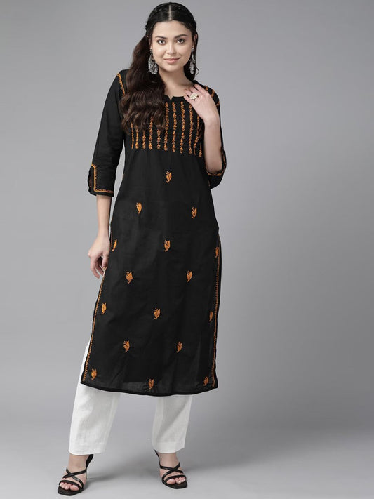ADA Ethnic Motifs Embroidered Chikankari Cotton Straight Kurta | Swadesiicart