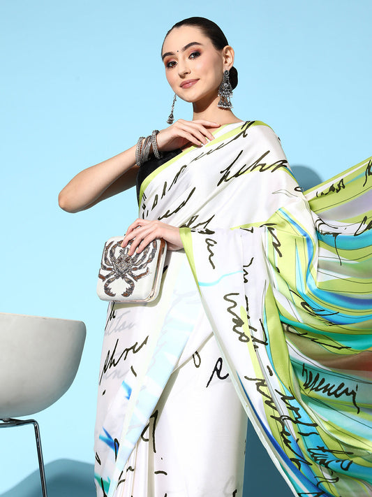 Tikhi Imli Off White & Green Abstract Print Satin Saree | Swadesiicart