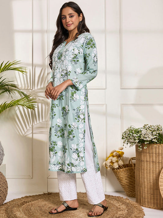 HOUSE OF KARI Floral Embroidered Chikankari Pure Cotton Kurta | Swadesiicart