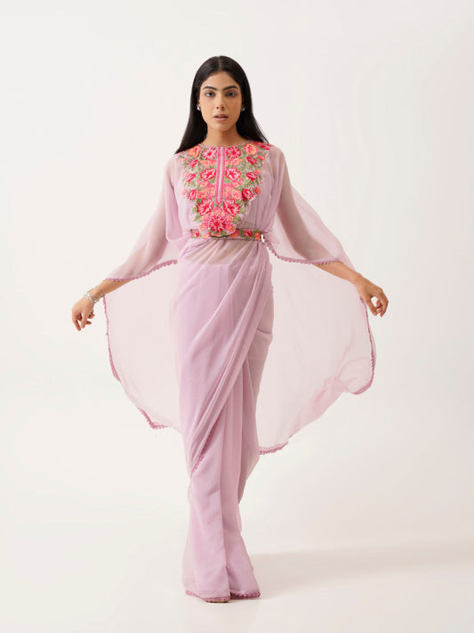 Tikhi Imli Lavender & Pink Floral Embroidered Belted Saree | Swadesiicart