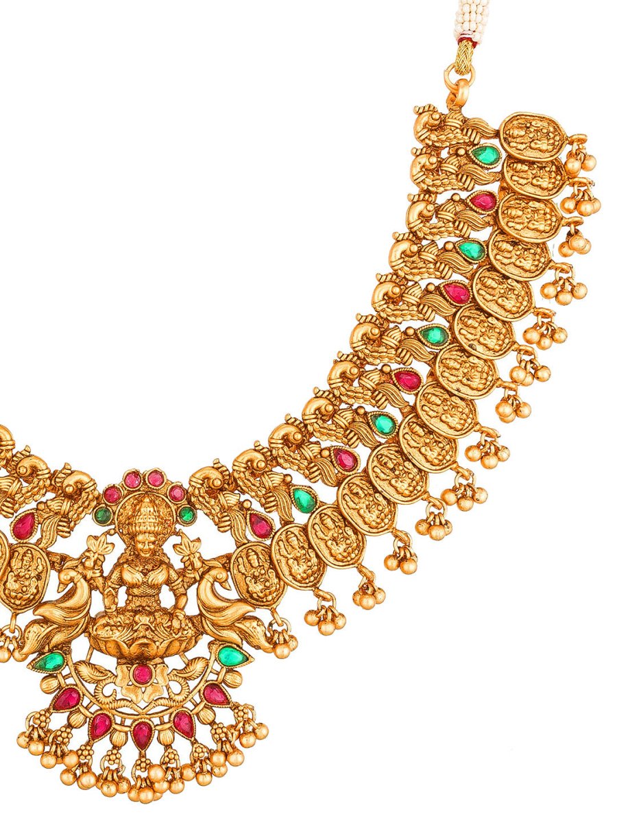 Aadita Gold-Toned Red & Green Stone-Studded Temple Jewelry Set - Swadesiicart
