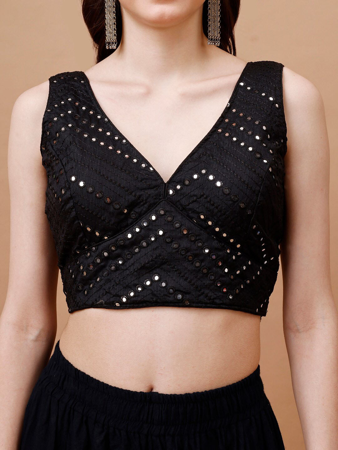 Tikhi Imli Mirror Work Embellished Sleeveless Saree Blouse | Swadesiicart