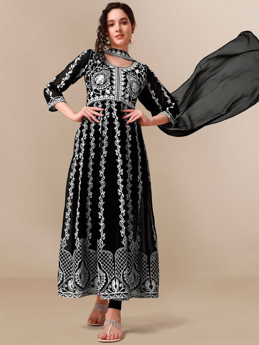 HERE&NOW Black Lucknowi Chikankari Embroidered Georgette Anarkali Kurta with Dupatta | Swadesiicart