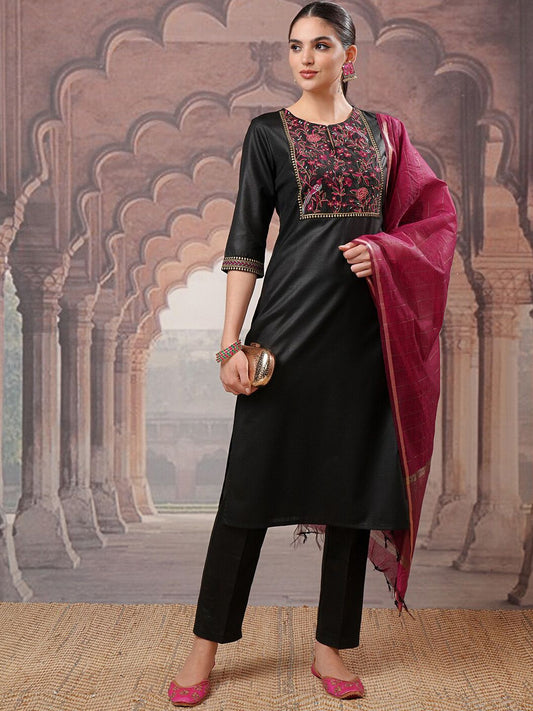 Vishudh Black Yoke Design Thread Work Kurta with Trouser & Dupatta - Swadesiicart