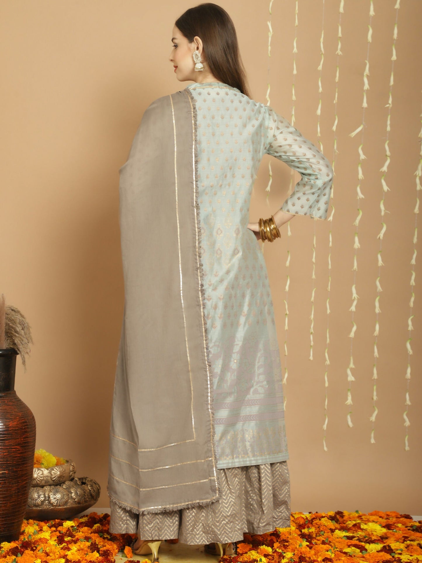 Jyoti Fashion Women's Green Chanderi Silk Elegant Jardoshi Semi Kurta with Trouser & Dupatta | Swadesiicart