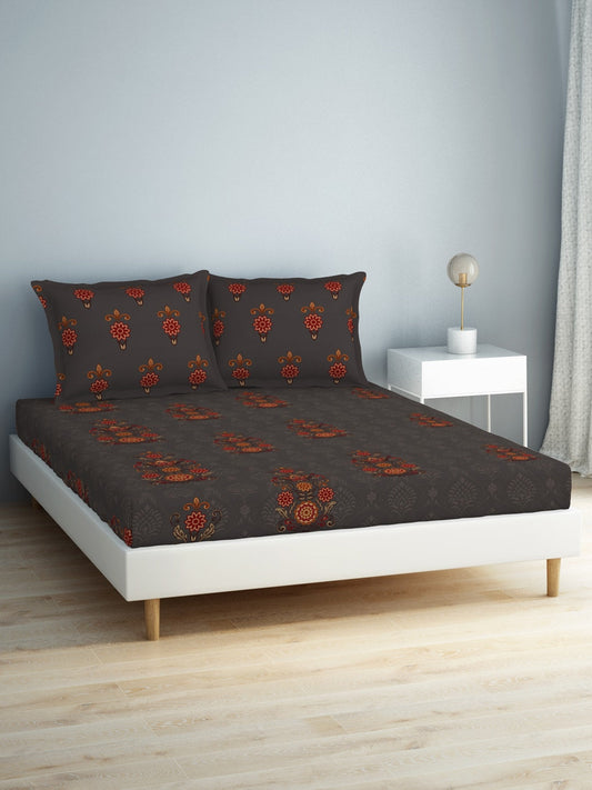 SPACES Aurum Grey Ethnic Motifs Pure Cotton 140 TC Queen Bedsheet with 2 Pillow Covers - Swadesiicart